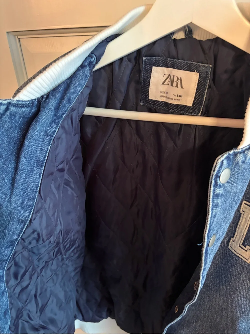 Zara Blue Denim & White Sleeve Kids Varsity Bomber Jacket ♻️🪩